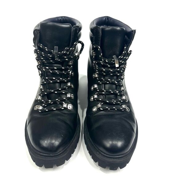 Zara Trafaluc Black Faux Leather Lace Up Boots Sz 36/5.5 Combat Ankle Booties - Picture 1 of 16